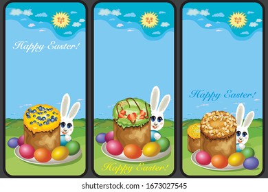 Set of Easter holiday greeting images. Vertical format suitable for smartphone. Vector Illustration