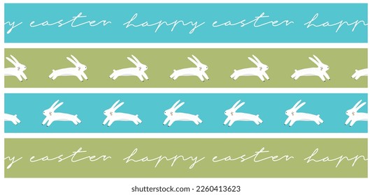 Set of Easter Holidays Seamless Graphics with White Bunnies and Handwritten "Happy Easter" isolated on a Green and Blue Background. Easter Holidays Prints ideal for Stickers, Washi Tapes, Ribbons.