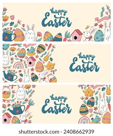 Set of Easter horizontal banners decorated with hand drawn doodles and lettering quotes for web banners, prints, cards, templates, invitations, brochures, leaflets. EPS 10