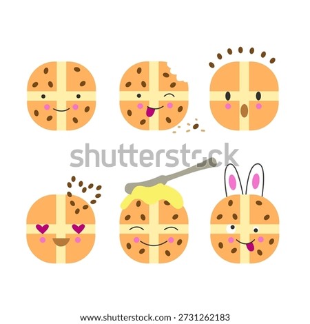 Set of Easter hot cross bun emoji. Cute baked bread with different emotions for seasonal messages, stickers, social media, greetings.