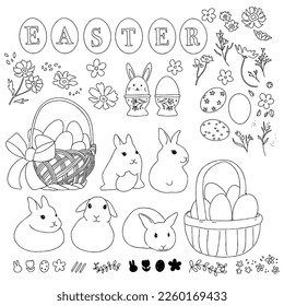 Set of Easter icons and design elements. Eggs, rabbit, spring flowers, leaves, branches, Easter basket. Perfect for packaging, colouring sheet, holiday decoration and spring Easter greeting cards