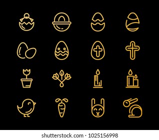 Set of easter icons with eggs, animal, candle, cross and many different traditional elements and objects on black background vector illustration