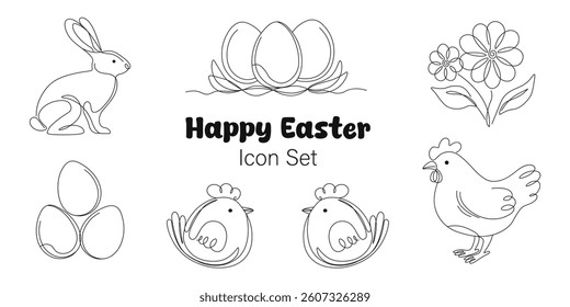 Set of Easter icons in form of hens, chickens, eggs, bunny and flowers drawn in art line style on white background. Elements for design on theme Happy Easter. Set of Easter stickers with animals.