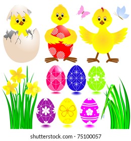 Set of Easter icons with funny chickens, eggs, grass and daffodil. Vector.