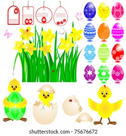 Set of Easter icons with funny chickens, eggs and daffodil. Vector.