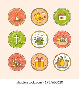 Set of Easter icons in linear style, cute symbols of Christian celebration