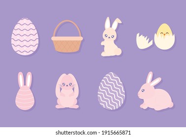conjunto de iconos de Pascua en un diseño de ilustración de vector de fondo púrpura