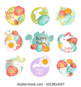 Set of Easter icons and stamps. Happy Easter icons with bunny, eggs and flowers. Easter holiday celebration concept illustration.