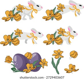 Conjunto de iconos de Pascua con conejos blancos en diferentes poses, tulipanes amarillos y huevos de Pascua morados, para impresión navideña, postales o textiles