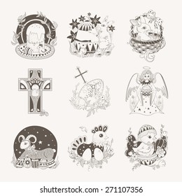 Set of Easter illustration. Monochrome picture.