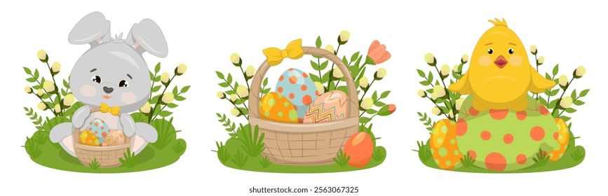 Set of Easter illustrations with bunny, chick, painted eggs in basket and spring flowers. Vector illustration for poster, greeting card or invitation, labels or tags