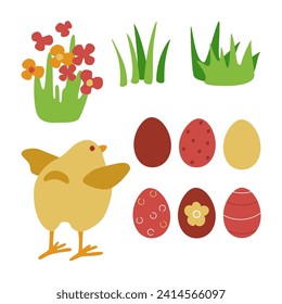 Set of Easter illustrations with chick. Chicken, decorative eggs, grass, flowers. Vector, isolated objects on white background.	