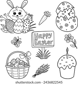 A set of Easter illustrations. Cute children's drawings for Easter. A set of illustrations with an Easter bunny, flowers, butterflies, carrots, a basket of eggs, a cake and a willow. Vector outline