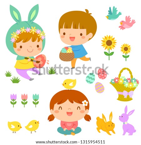 Set of Easter illustrations with cute kids, animals and flowers