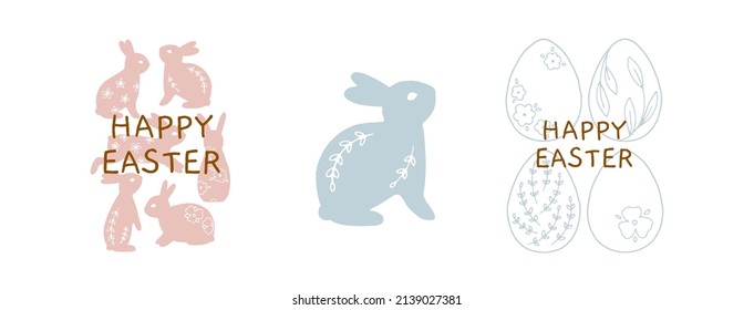 Set of Easter illustrations with traditional elements. Happy Easter. Cute spring compositions with bunnies, eggs, chickens and plants. Trendy festive prints for spring design and Easter holidays
