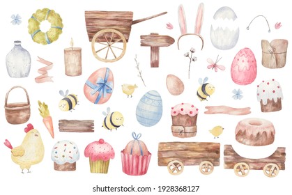 set of Easter items, Easter cakes, carts, eggs, bees, flowers, watercolor illustration on a white background