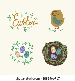 Set of Easter Items. Nest with colored eggs. Cute golden-colored bird. Chicken, egg, Bird house. Chicken eggs in a circle of leaves. The inscription Easter in the foliage. Vector illustration