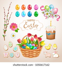 Set of Easter items. Painted eggs with different patterns, cake, cookies in the form of eggs, chicken, Bunny, lamb, flower. Basket with tulips, pussy willows, wild rose, zephyranthes with ribbons
