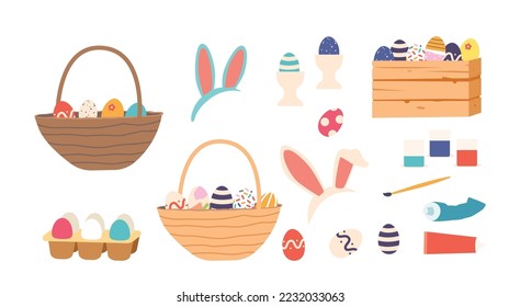 Set of Easter Items, Rabbit Ears Headband, Decorated Eggs, Paints, Paintbrush and Basket or Wooden Box with Colored Eggs Isolated on White Background. Cartoon Vector Illustration, Icons, Clip Art