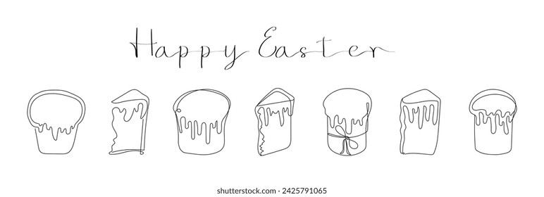 Set of Easter Kulich cakes with icing. With text Happy Easter. Continuous one line drawing. Traditional Ukrainian Easter cupcakes. Black vector illustration isolated on white. Design element. 