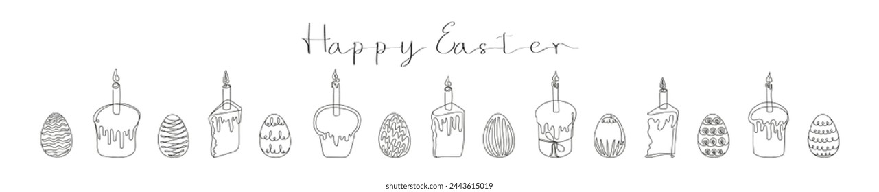 Set of Easter Kulich cakes with lit candles and painted eggs. Happy Easter greeting. Continuous one line drawing of cupcakes and eggs. Vector isolated on white. Design elements for print and greetings