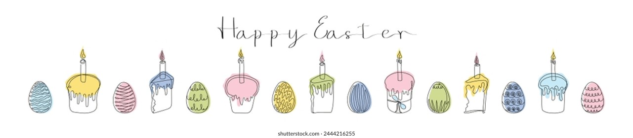 Set de pasteles de Pascua Kulich con velas encendidas y huevos pintados. Feliz Pascua. Dibujo continuo de una línea. Vector colorido aislado en blanco. Elementos de diseño para impresión y saludos