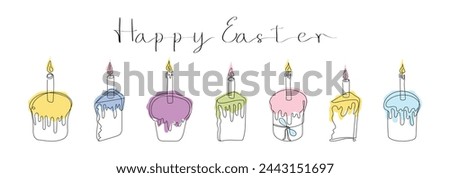 Set of Easter Kulich cakes with lit candles. Happy Easter greeting. Continuous one line drawing of cupcakes, birthday cakes. Colorful Vector isolated on white. Design elements for print and greetings