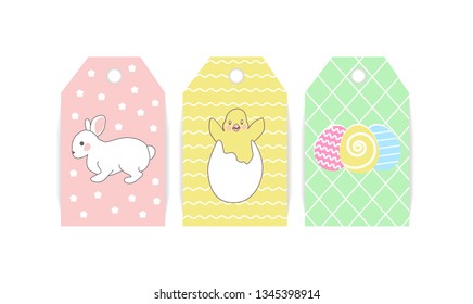 set of easter label templates with chicken, bunny and easter eggs in pastel colors