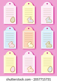 A set of Easter labels or stickers with rabbits and eggs in delicate colors.