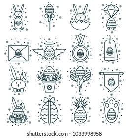 Set of Easter line icons: decorated eggs, bunny, sale tag, medal, air balloons, letter envelope. Spring christian holiday signs, symbols, objects, pictograms in thin linear design.