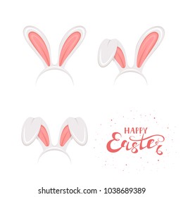 Set of Easter mask with pink rabbit or bunny ears isolated on white background. Lettering Happy Easter, illustration.