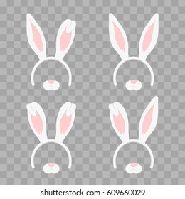 Set of Easter mask with rabbit ears isolated on transparent checkered, illustration. Cartoon Cute Headband with Ears Holiday Set. Flat Design Style