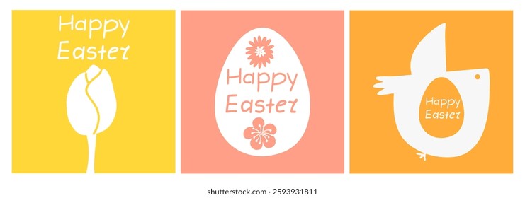 Set of Easter minimalistic stylish cards with Easter egg, bird and tulip. Vector hand-drawn design