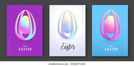 Set of Easter modern covers with flow gradient 3D easter eggs. Set of posters, greeting cards or banners. Vector illustration