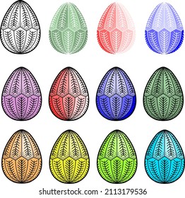 A set of Easter multicolored eggs with different patterns. Vector illustration isolated on a transparent background. Design elements.