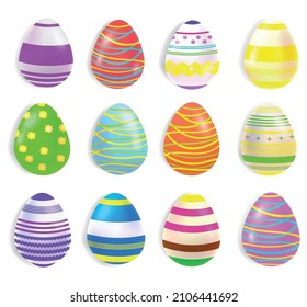 A set of Easter multi-colored and painted eggs. Vector stock illustration. White background. Isolated. Bright religious holiday. Tradition.
