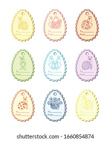 Set of Easter multi-colored price tags. The price tags are decorated with Easter bunnies. Decor element. Vector illustration.