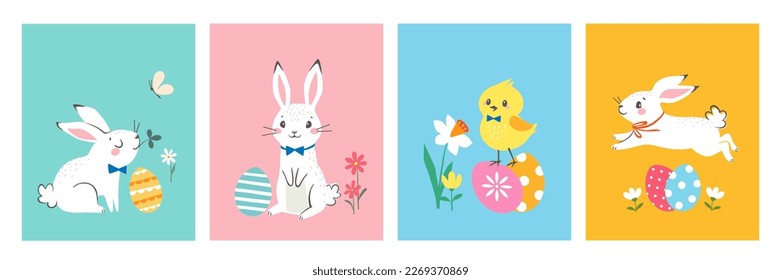 Conjunto de plantillas multicolores de Pascua para afiches, bolsas de papel, cubierta, tarjetas de felicitación, banners con conejillos blancos, polluelos, huevos de Pascua y flores de primavera en un bonito estilo de dibujos animados.