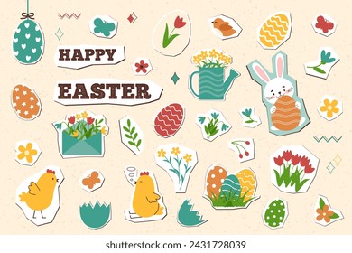 Set of Easter objects in new nostalgia style. Easter element in retro style. Constructor of Easter card. Elements of applique. Vector illustration template.