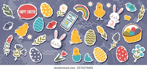 Set of Easter objects stickers. Easter trendy collection. Vector hand drawn cliparts.