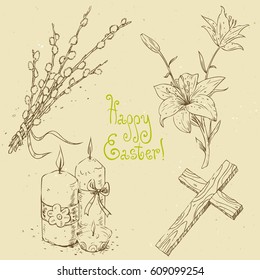 Set Of Easter Objects,linear Sketches. Easter Candles, Branch Of Willow, Easter Cross, Easter Lilly Flower. Hand Drawn Vintage Vector Illustration On Textured Paper Background. Image In Retro Style.