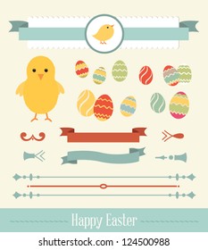 Set of easter ornaments and decorative elements, vintage banner, ribbon, labels, frames, badge, stickers. Vector easter element. Vintage chick