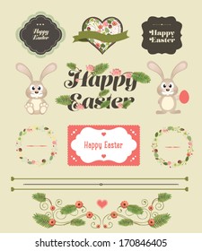 Set of Easter ornaments and decorative elements, vintage banner, ribbon, labels, frames, badge, stickers. Vector Easter element. Vintage bunny