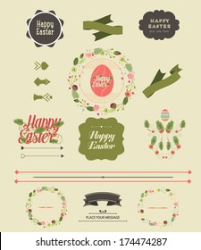 Set of Easter ornaments and decorative elements, vintage banner, ribbon, labels, frames, badge, stickers. Vector Easter element. 