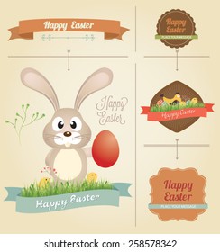 Set of Easter ornaments and decorative elements, vintage banner, ribbon, labels, frames, badge, stickers. Vector Easter element. Vintage chick