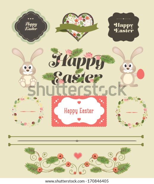 Set of Easter ornaments and decorative\
elements, vintage banner, ribbon, labels, frames, badge, stickers.\
Vector Easter element. Vintage\
bunny