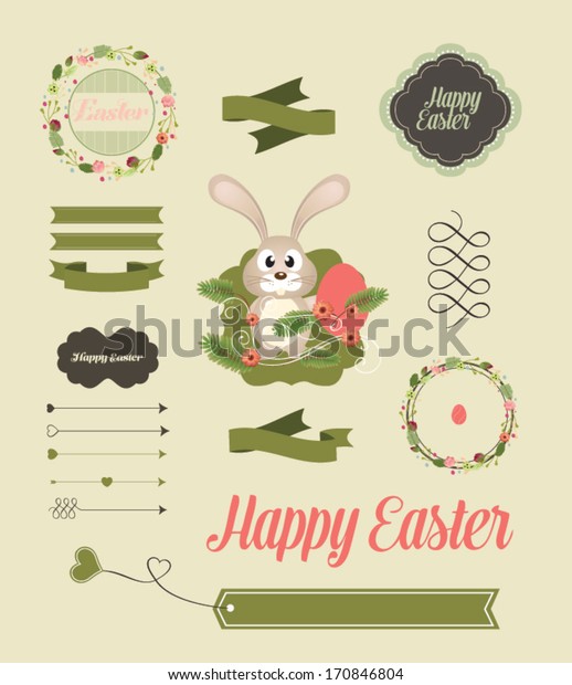 Set of Easter ornaments and decorative
elements, vintage banner, ribbon, labels, frames, badge, stickers.
Vector Easter element. Vintage
bunny
