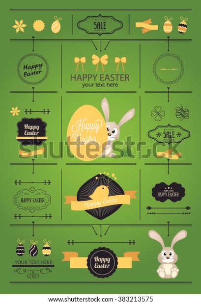 Set of Easter ornaments and decorative elements,\
vintage banner, ribbon, labels, frames, badge, stickers. Vector\
Easter Bunny and eggs