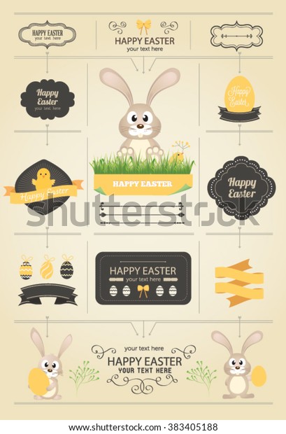 Set of Easter ornaments and decorative elements,\
vintage banner, ribbon, labels, frames, badge, stickers. Vector\
Easter Bunny and eggs