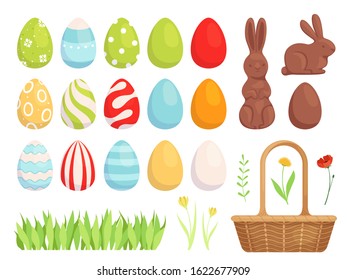 Set of easter painted eggs, beautifully decorated eggs for the holiday. Flat design vector illustration.